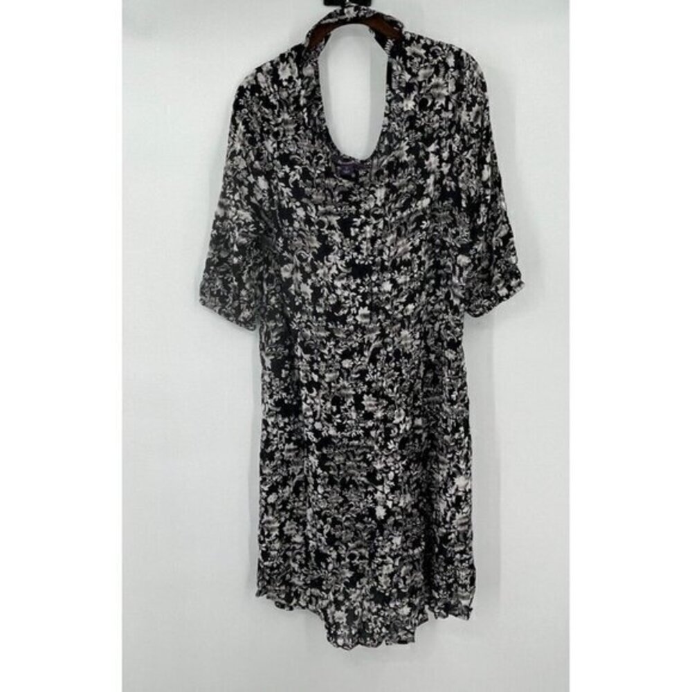 Roamans Dress 12 Womens Black White Floral Crinkle Dress Flower Floral High Neck